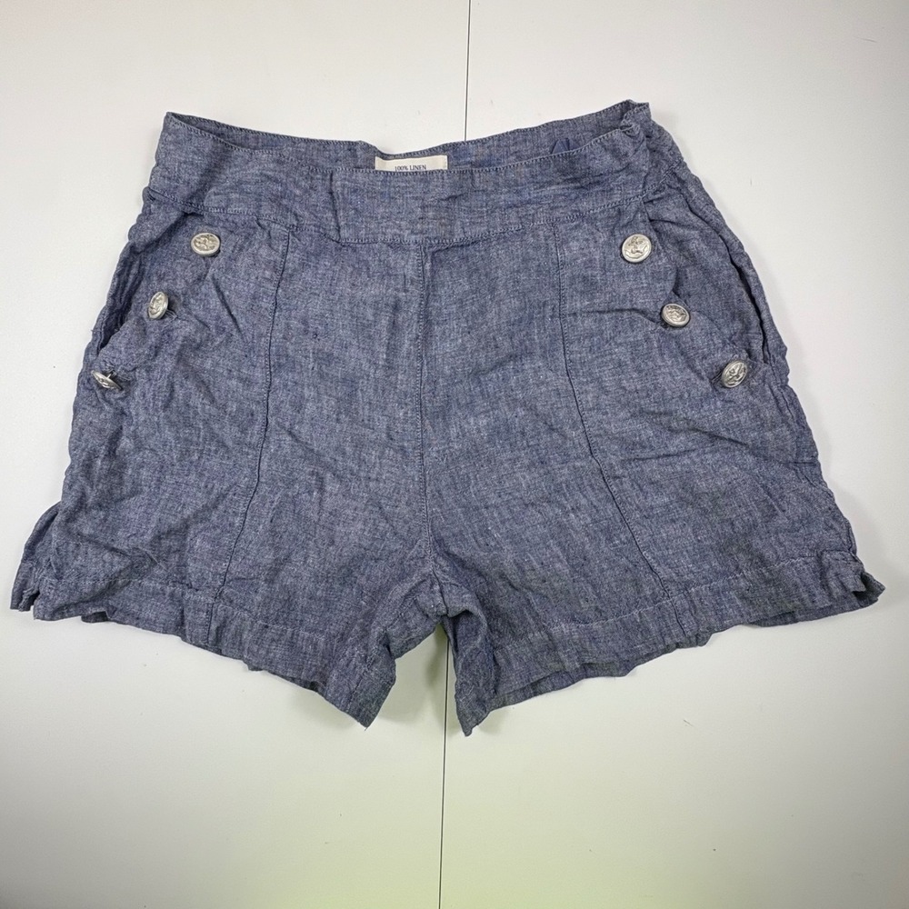 British Khaki 100% Linen Sailor Button Shorts Blue‎ Size 10